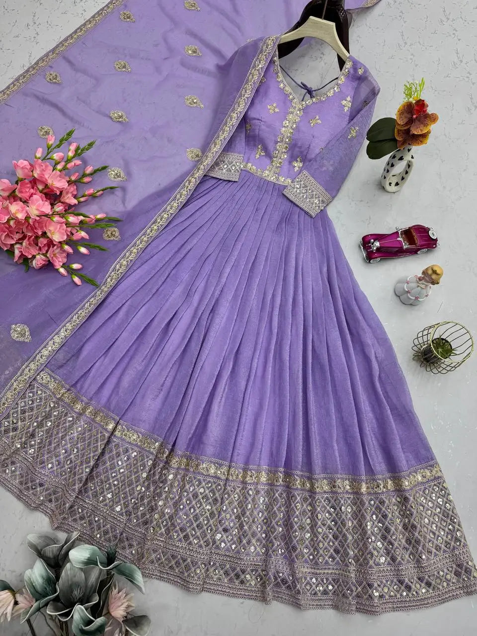 Elegant Pink Heavy Shimmer Silk Gown with Dupatta – Embroidery Sequins Work, 3.5 Meter Flair, Fully Stitched