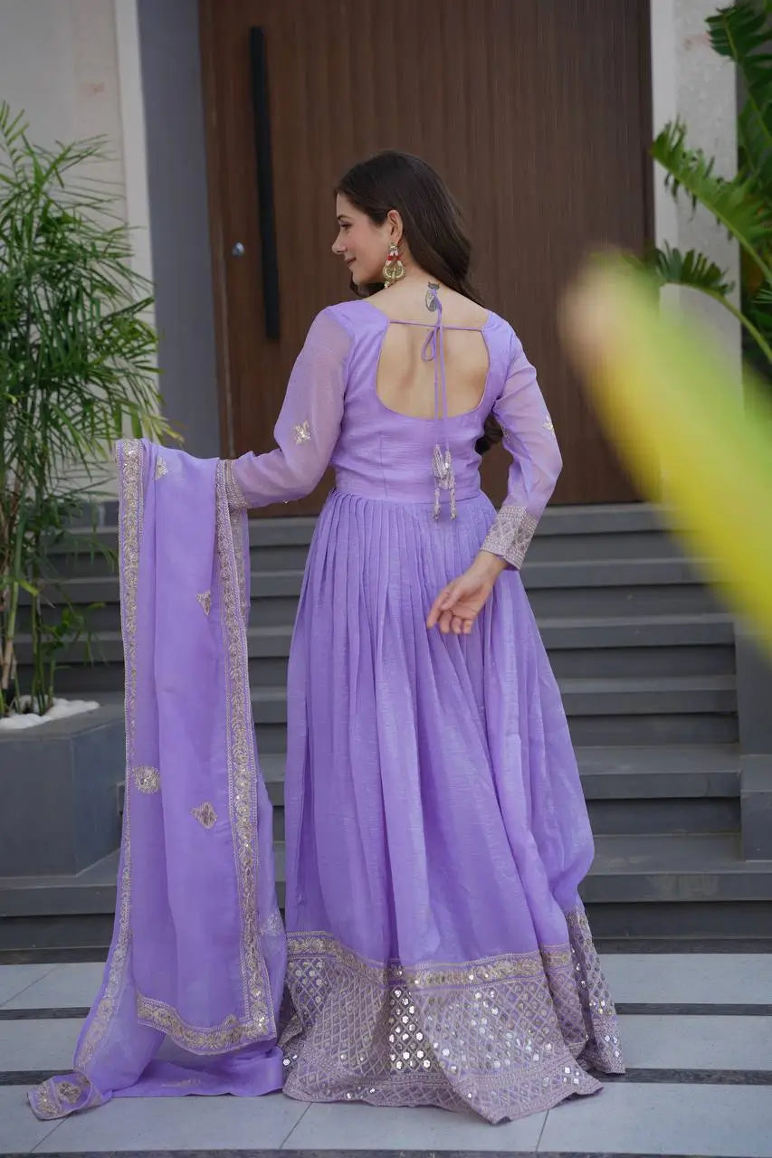 Elegant Pink Heavy Shimmer Silk Gown with Dupatta – Embroidery Sequins Work, 3.5 Meter Flair, Fully Stitched