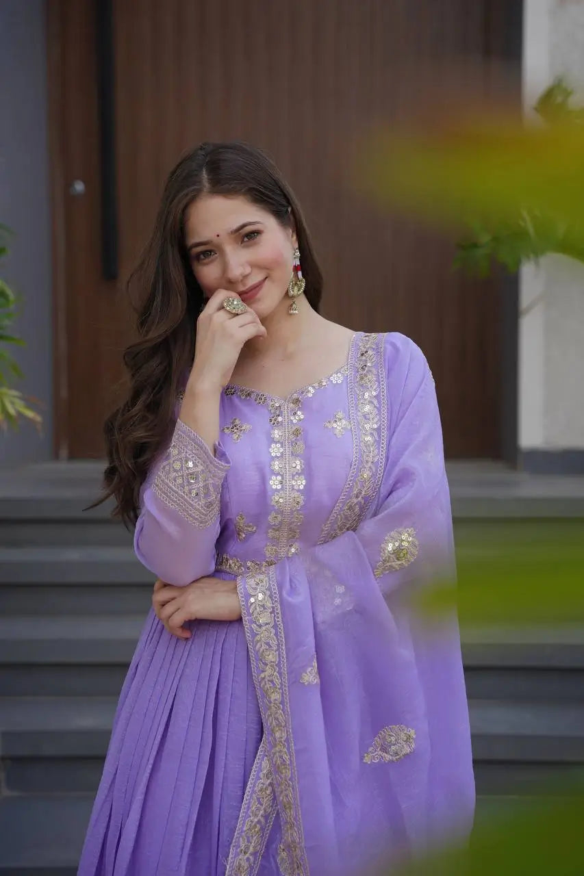 Elegant Pink Heavy Shimmer Silk Gown with Dupatta – Embroidery Sequins Work, 3.5 Meter Flair, Fully Stitched