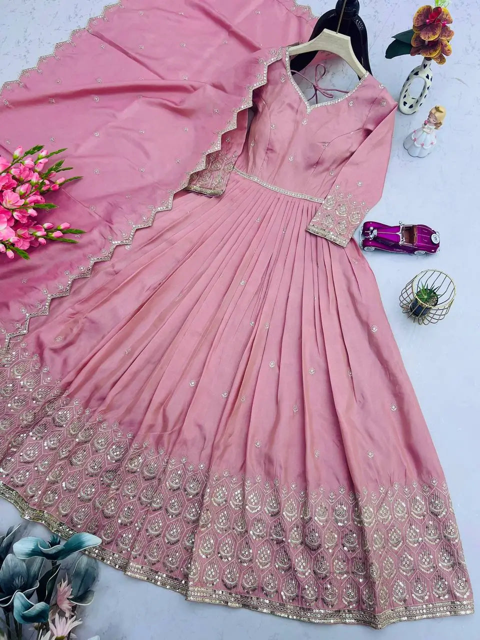 Elegant Pink Heavy Shimmer Silk Gown with Dupatta – Embroidery Sequins Work, 3.5 Meter Flair, Fully Stitched