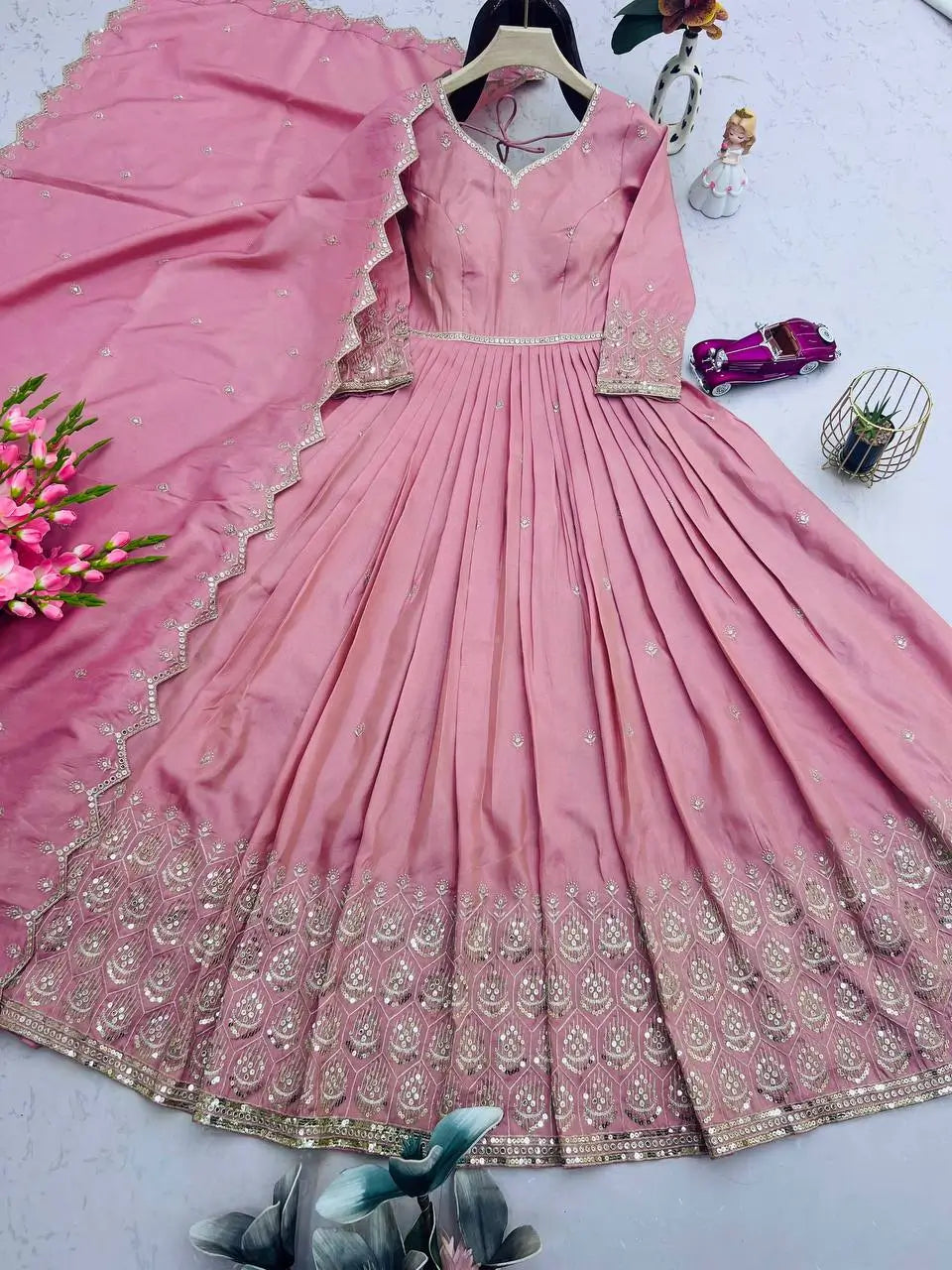 Elegant Pink Heavy Shimmer Silk Gown with Dupatta – Embroidery Sequins Work, 3.5 Meter Flair, Fully Stitched