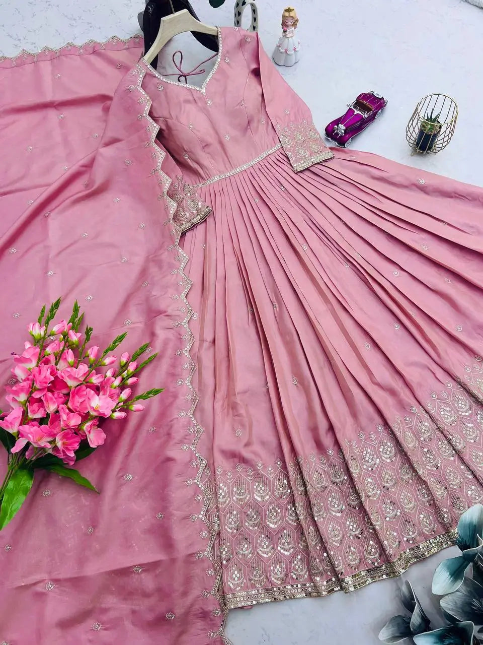 Elegant Pink Heavy Shimmer Silk Gown with Dupatta – Embroidery Sequins Work, 3.5 Meter Flair, Fully Stitched