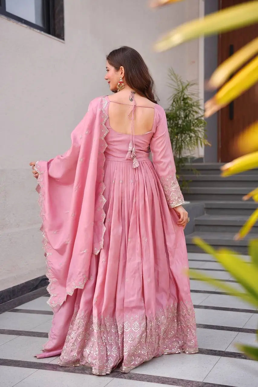 Elegant Pink Heavy Shimmer Silk Gown with Dupatta – Embroidery Sequins Work, 3.5 Meter Flair, Fully Stitched