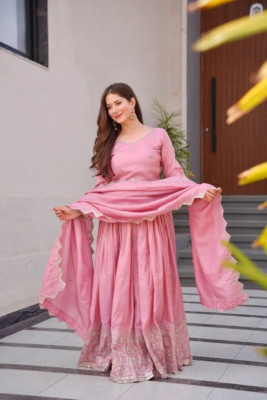 Elegant Pink Heavy Shimmer Silk Gown with Dupatta – Embroidery Sequins Work, 3.5 Meter Flair, Fully Stitched