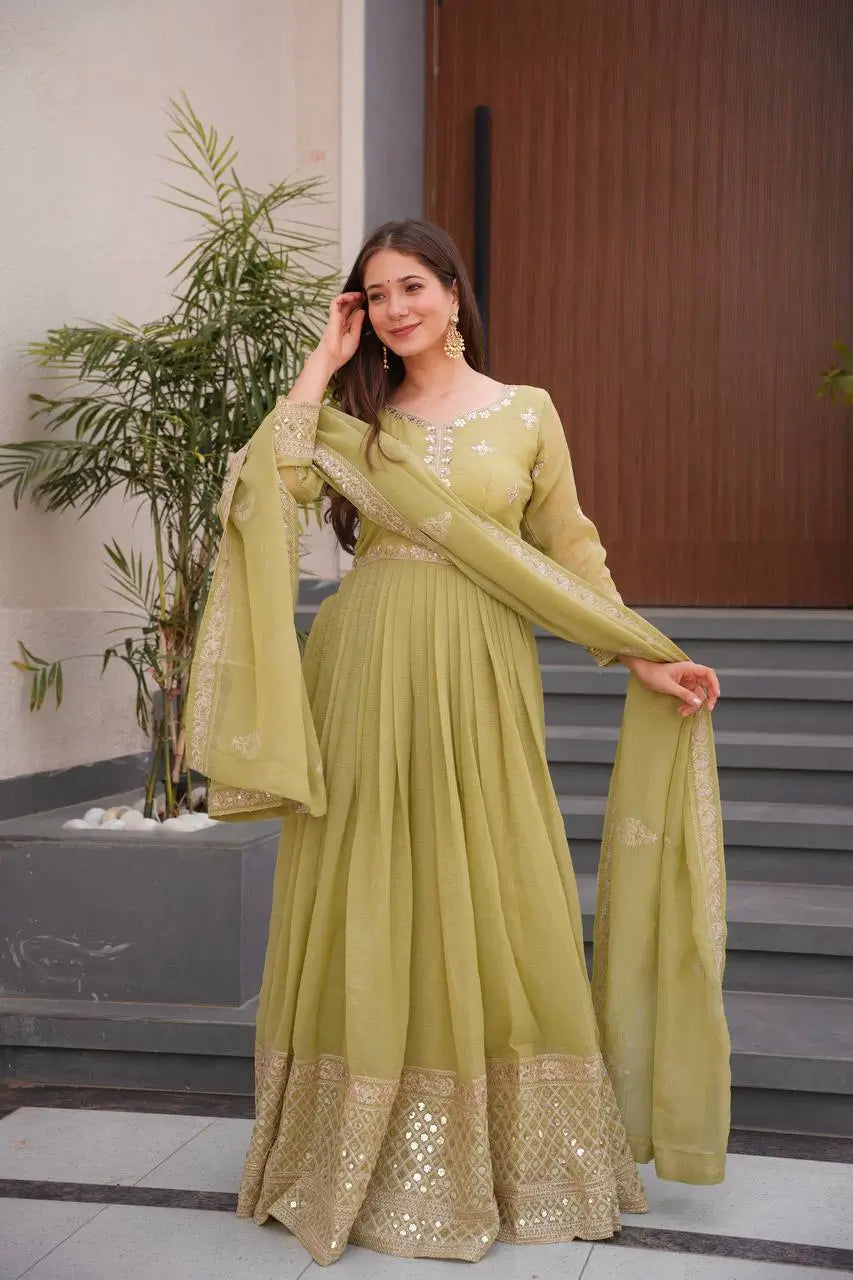 Elegant Pink Heavy Shimmer Silk Gown with Dupatta – Embroidery Sequins Work, 3.5 Meter Flair, Fully Stitched