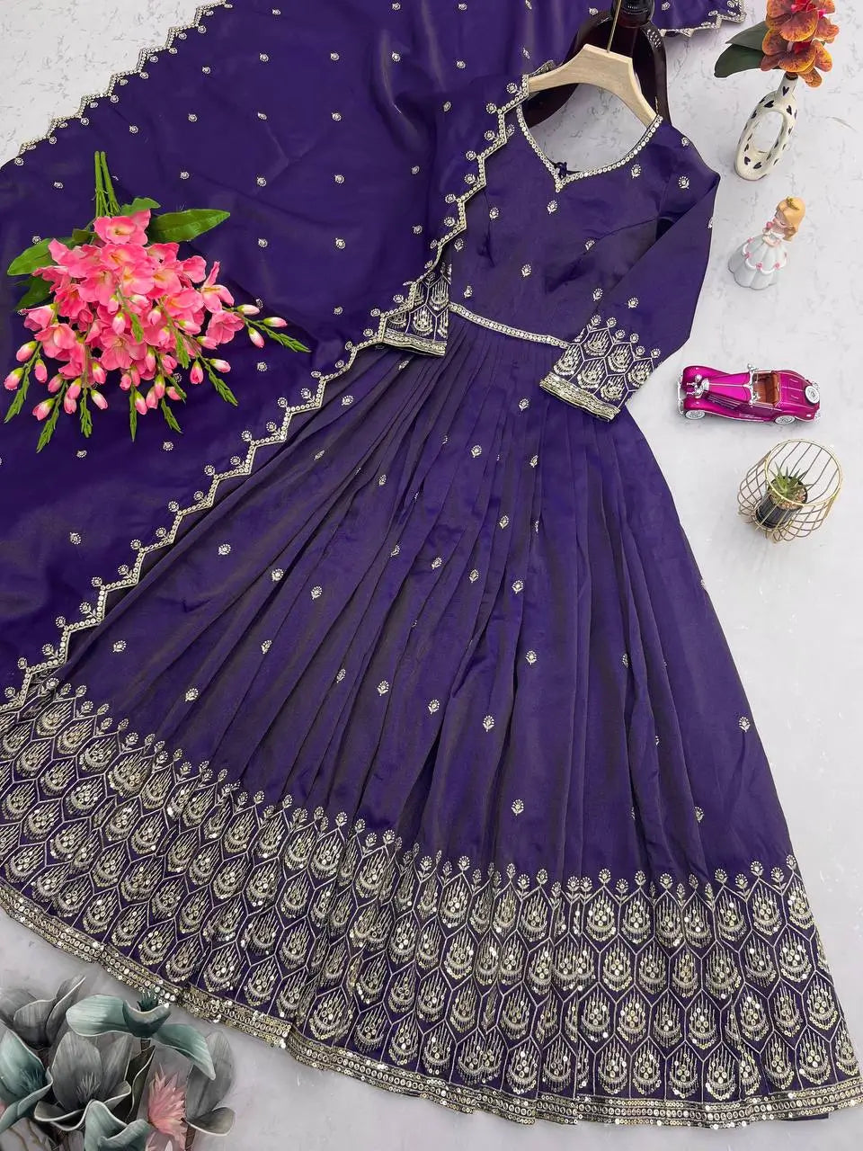 Elegant Pink Heavy Shimmer Silk Gown with Dupatta – Embroidery Sequins Work, 3.5 Meter Flair, Fully Stitched
