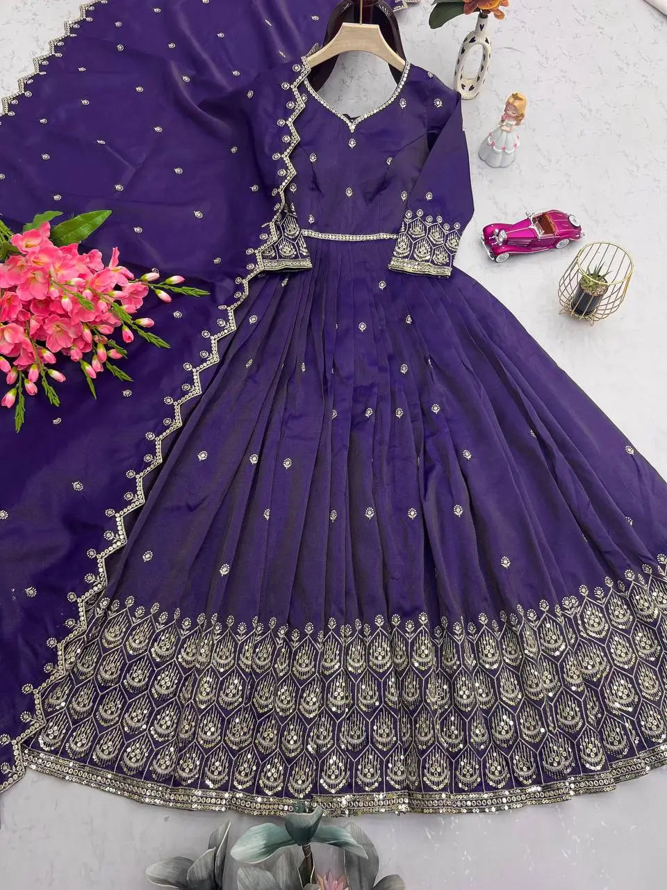 Elegant Pink Heavy Shimmer Silk Gown with Dupatta – Embroidery Sequins Work, 3.5 Meter Flair, Fully Stitched