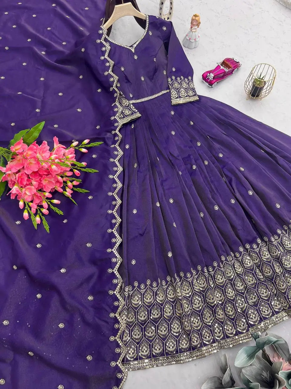 Elegant Pink Heavy Shimmer Silk Gown with Dupatta – Embroidery Sequins Work, 3.5 Meter Flair, Fully Stitched