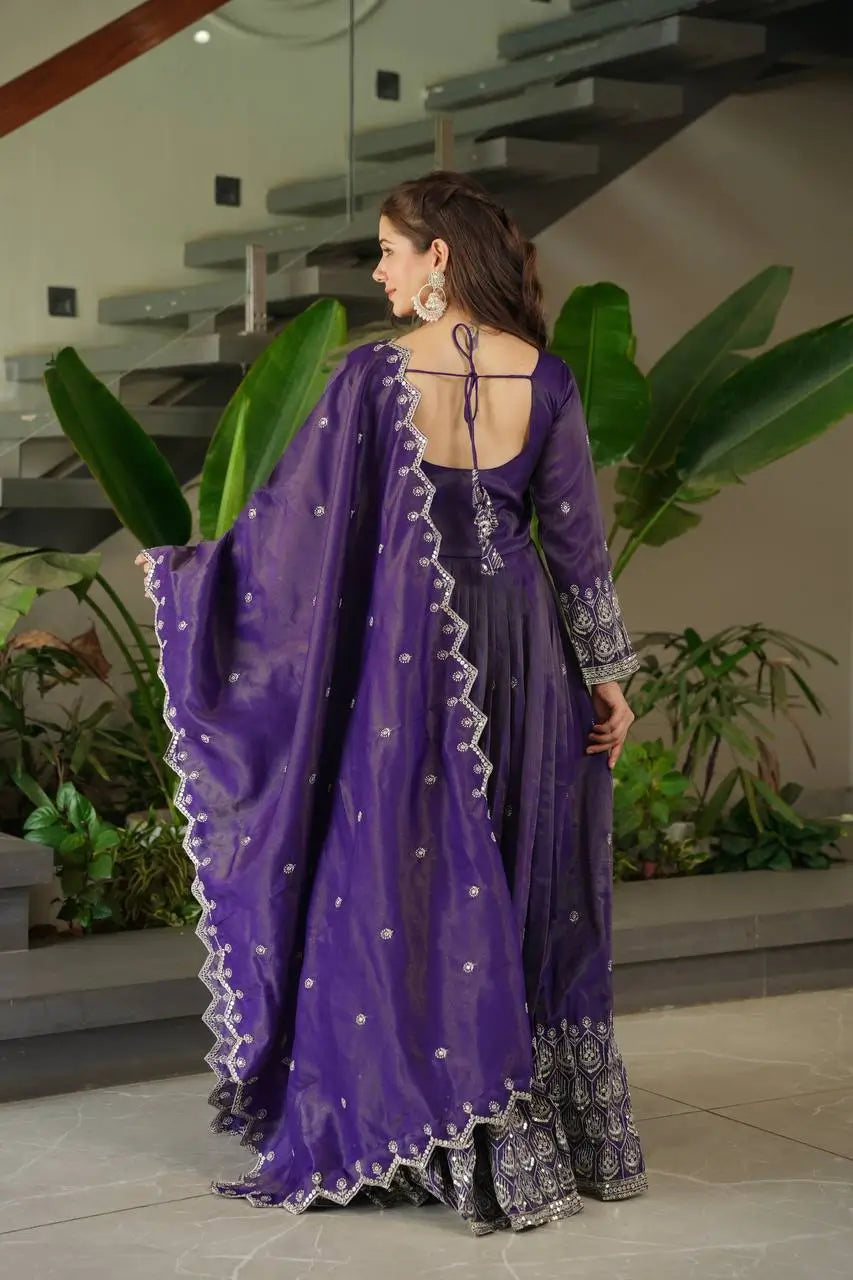 Elegant Pink Heavy Shimmer Silk Gown with Dupatta – Embroidery Sequins Work, 3.5 Meter Flair, Fully Stitched