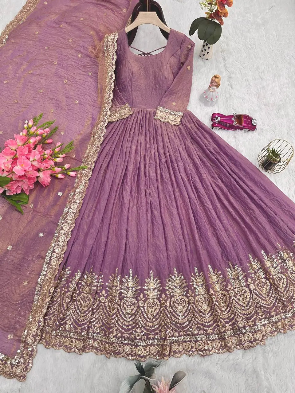 Elegant Pink Heavy Shimmer Silk Gown with Dupatta – Embroidery Sequins Work, 3.5 Meter Flair, Fully Stitched