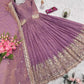 Elegant Pink Heavy Shimmer Silk Gown with Dupatta – Embroidery Sequins Work, 3.5 Meter Flair, Fully Stitched