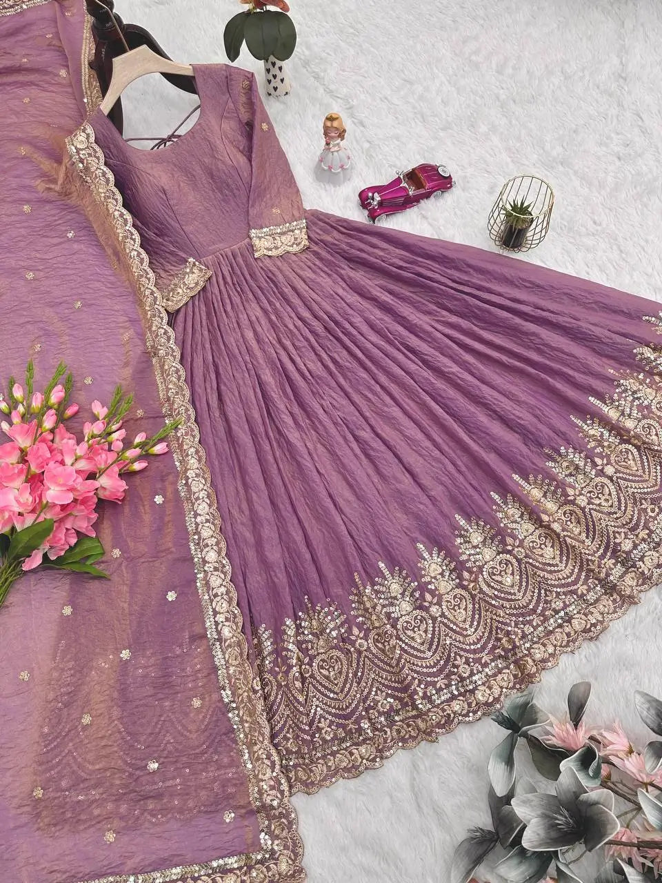 Elegant Pink Heavy Shimmer Silk Gown with Dupatta – Embroidery Sequins Work, 3.5 Meter Flair, Fully Stitched