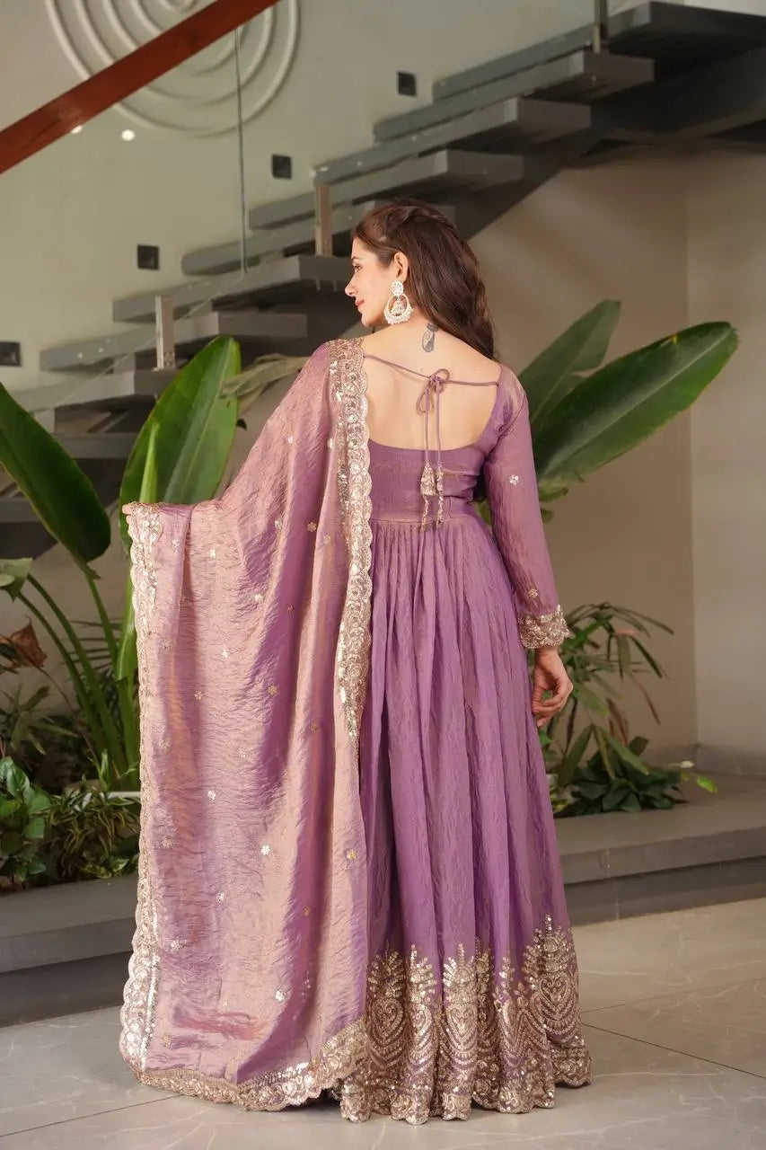 Elegant Pink Heavy Shimmer Silk Gown with Dupatta – Embroidery Sequins Work, 3.5 Meter Flair, Fully Stitched