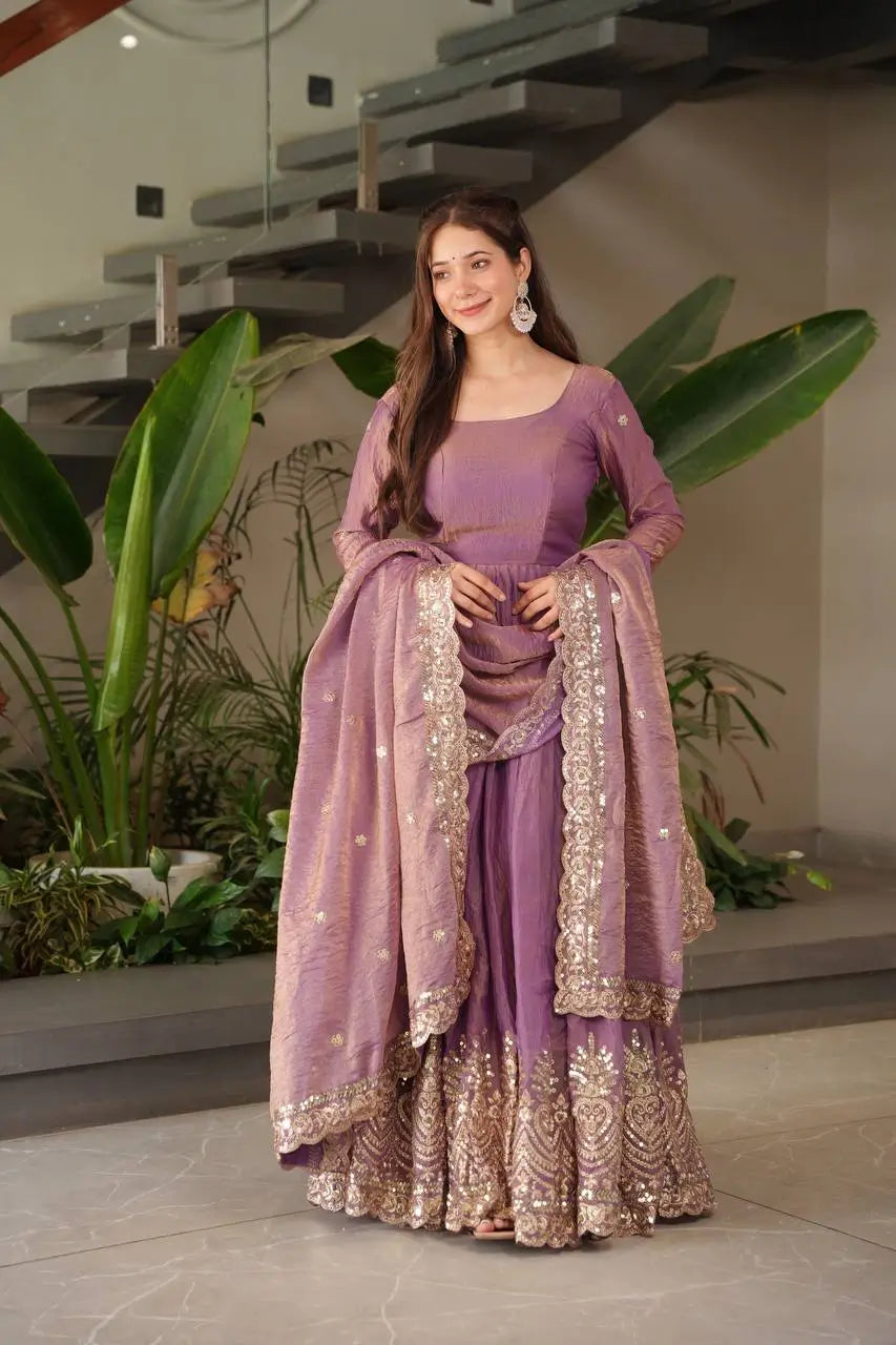 Elegant Pink Heavy Shimmer Silk Gown with Dupatta – Embroidery Sequins Work, 3.5 Meter Flair, Fully Stitched