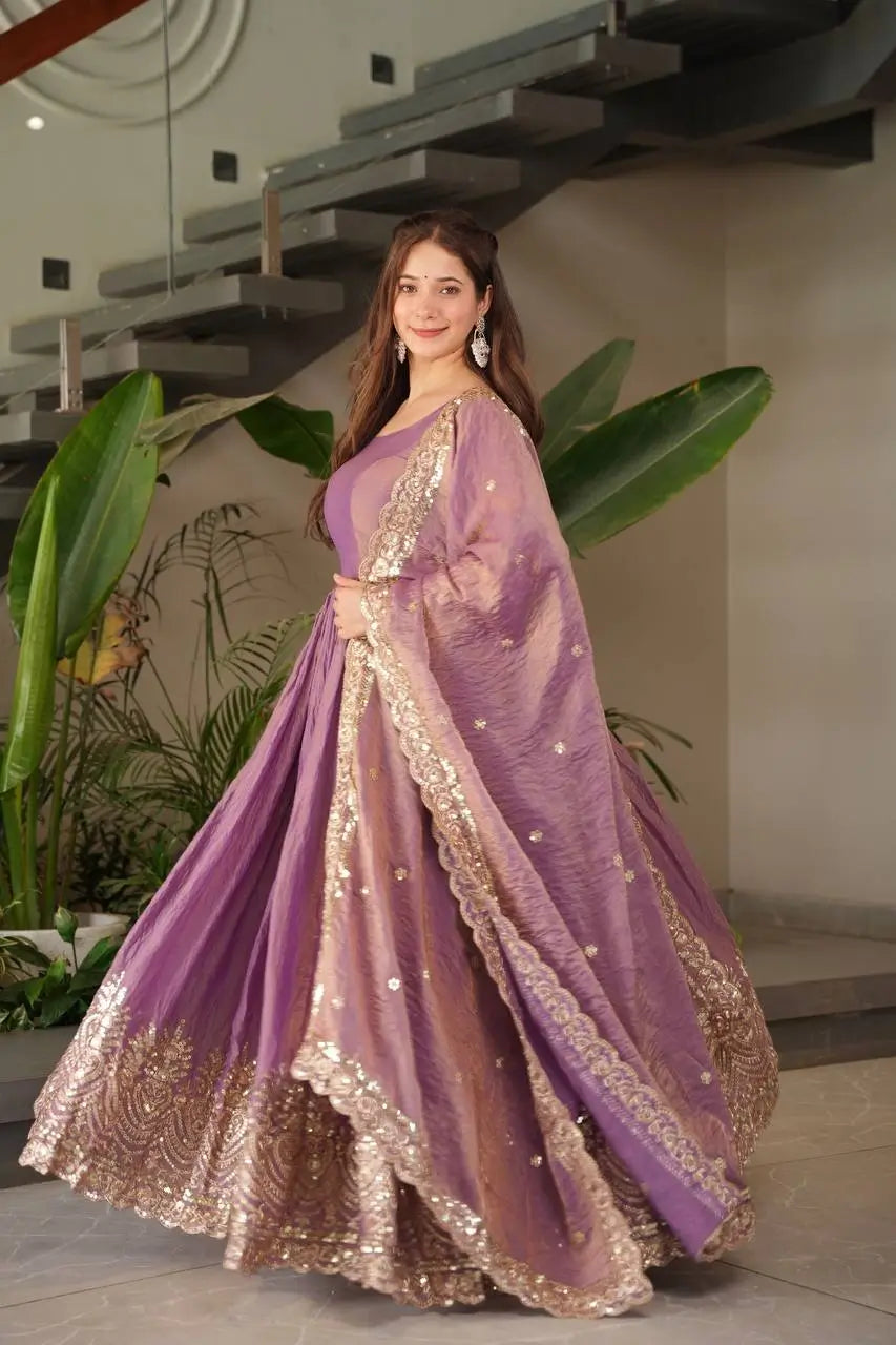 Elegant Pink Heavy Shimmer Silk Gown with Dupatta – Embroidery Sequins Work, 3.5 Meter Flair, Fully Stitched
