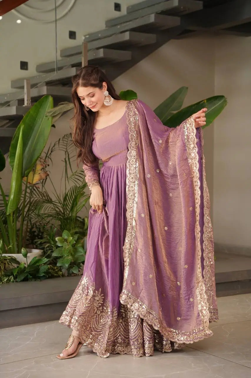 Elegant Pink Heavy Shimmer Silk Gown with Dupatta – Embroidery Sequins Work, 3.5 Meter Flair, Fully Stitched