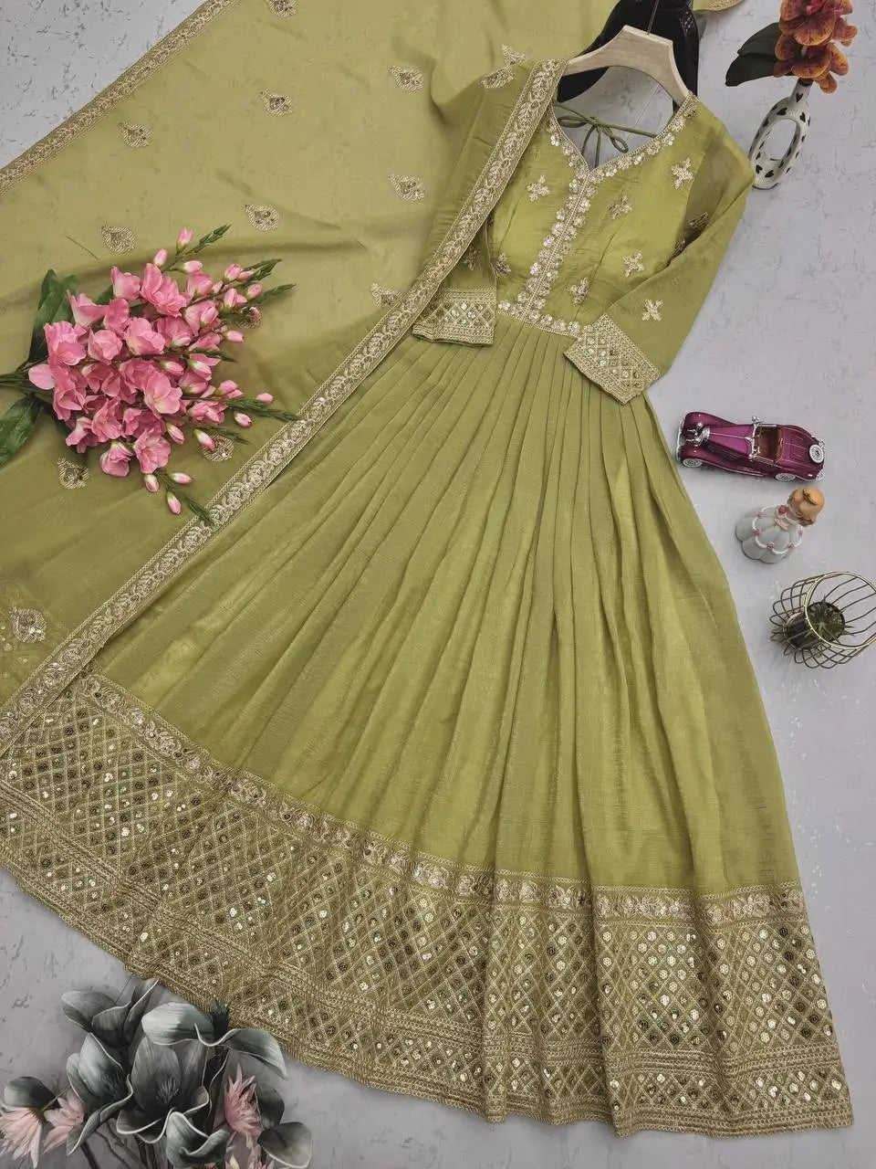 Elegant Pink Heavy Shimmer Silk Gown with Dupatta – Embroidery Sequins Work, 3.5 Meter Flair, Fully Stitched