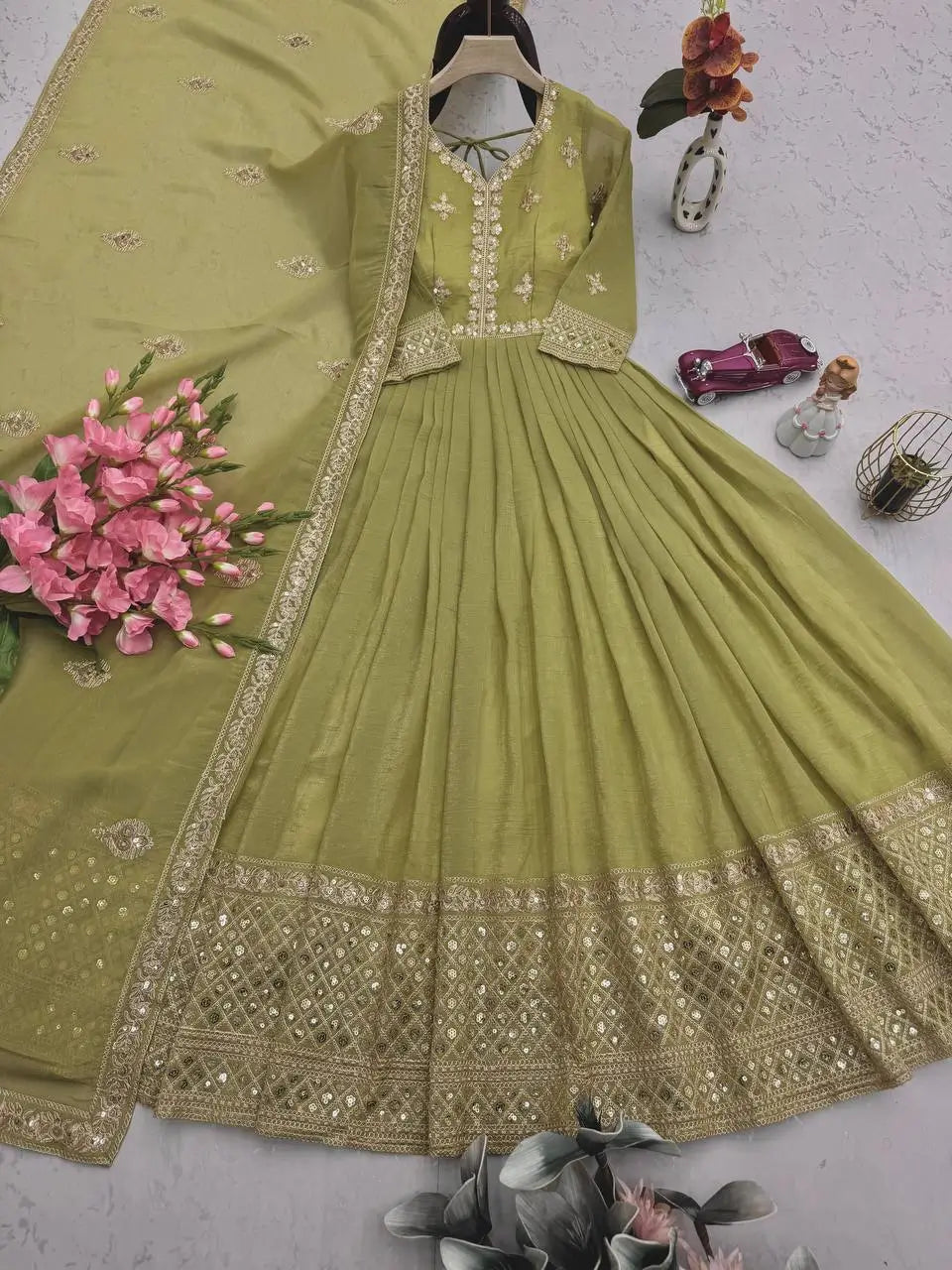 Elegant Pink Heavy Shimmer Silk Gown with Dupatta – Embroidery Sequins Work, 3.5 Meter Flair, Fully Stitched