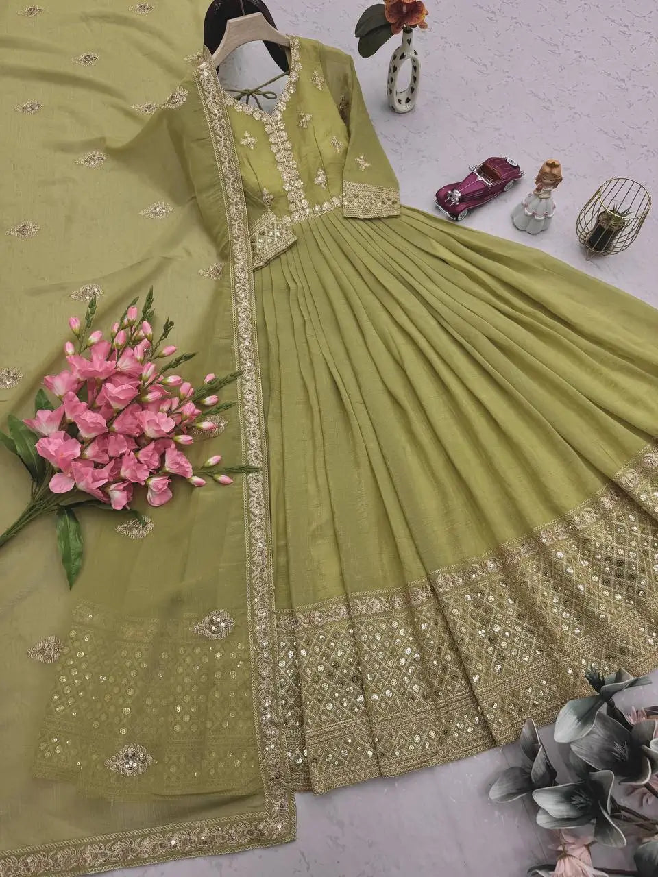 Elegant Pink Heavy Shimmer Silk Gown with Dupatta – Embroidery Sequins Work, 3.5 Meter Flair, Fully Stitched