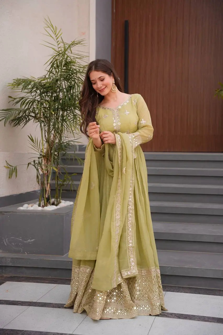 Elegant Pink Heavy Shimmer Silk Gown with Dupatta – Embroidery Sequins Work, 3.5 Meter Flair, Fully Stitched