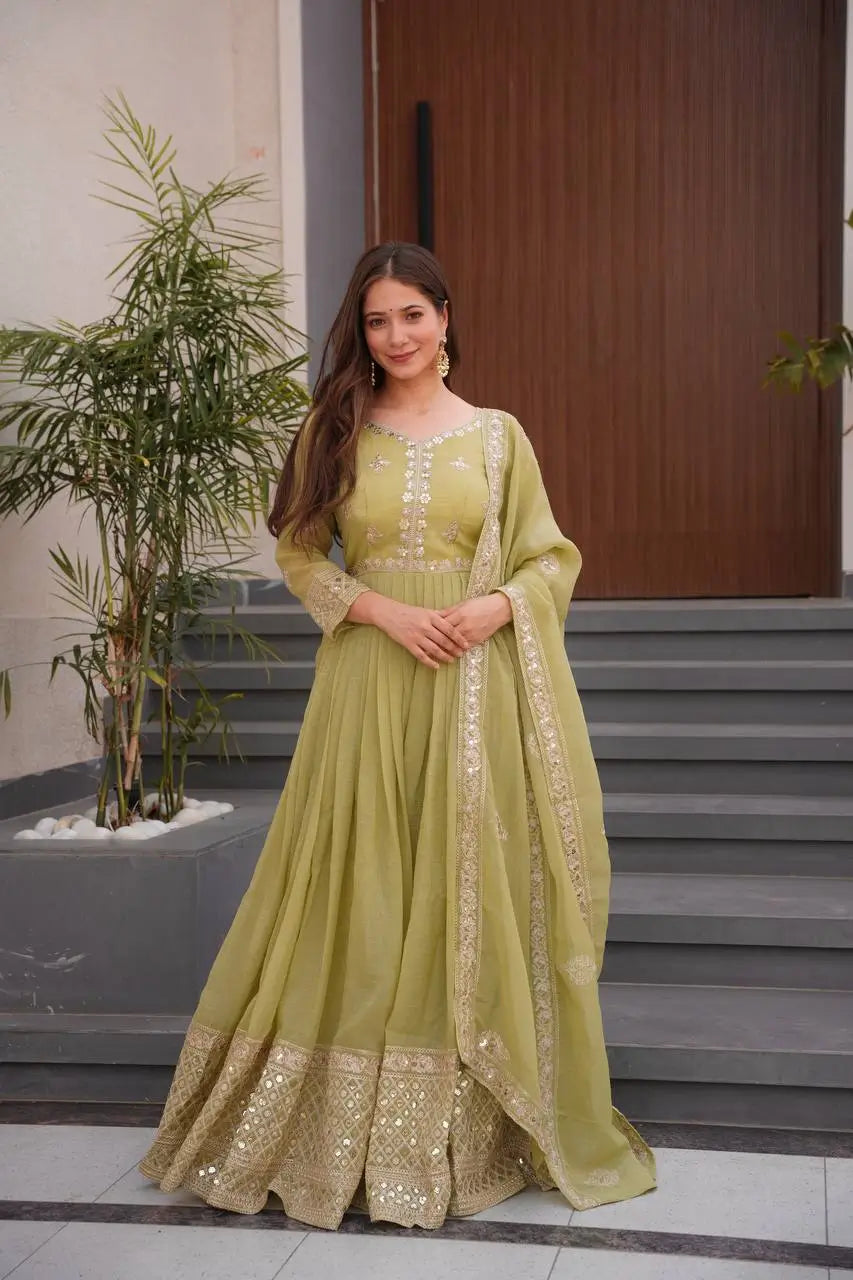 Elegant Pink Heavy Shimmer Silk Gown with Dupatta – Embroidery Sequins Work, 3.5 Meter Flair, Fully Stitched