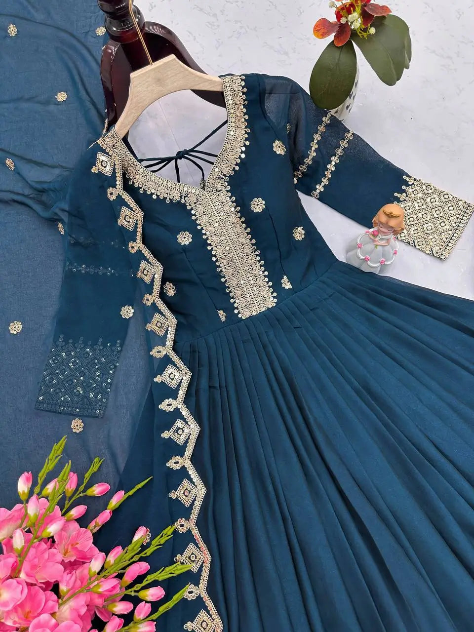 Elegant Pink Heavy Shimmer Silk Gown with Dupatta – Embroidery Sequins Work, 3.5 Meter Flair, Fully Stitched