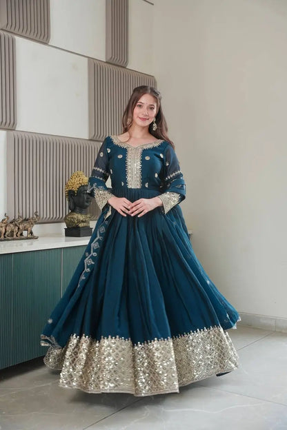 Elegant Pink Heavy Shimmer Silk Gown with Dupatta – Embroidery Sequins Work, 3.5 Meter Flair, Fully Stitched