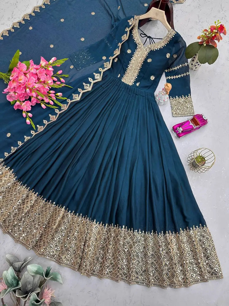 Elegant Pink Heavy Shimmer Silk Gown with Dupatta – Embroidery Sequins Work, 3.5 Meter Flair, Fully Stitched