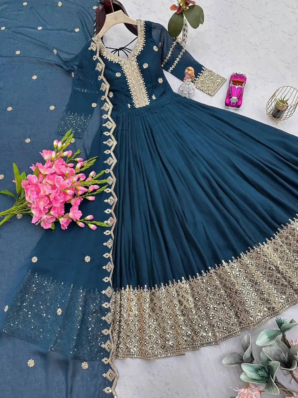 Elegant Pink Heavy Shimmer Silk Gown with Dupatta – Embroidery Sequins Work, 3.5 Meter Flair, Fully Stitched