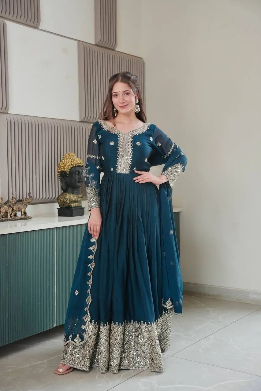 Elegant Pink Heavy Shimmer Silk Gown with Dupatta – Embroidery Sequins Work, 3.5 Meter Flair, Fully Stitched