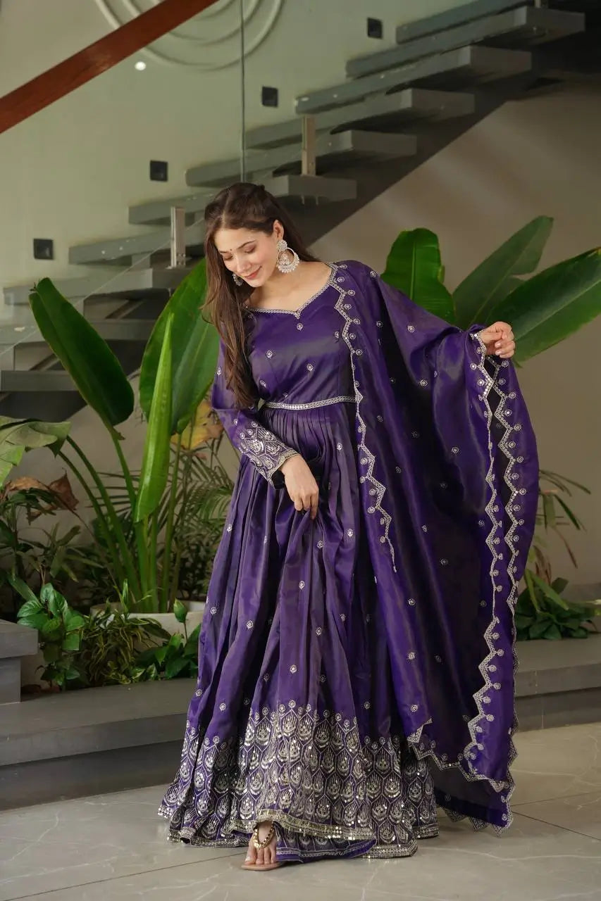 Elegant Pink Heavy Shimmer Silk Gown with Dupatta – Embroidery Sequins Work, 3.5 Meter Flair, Fully Stitched