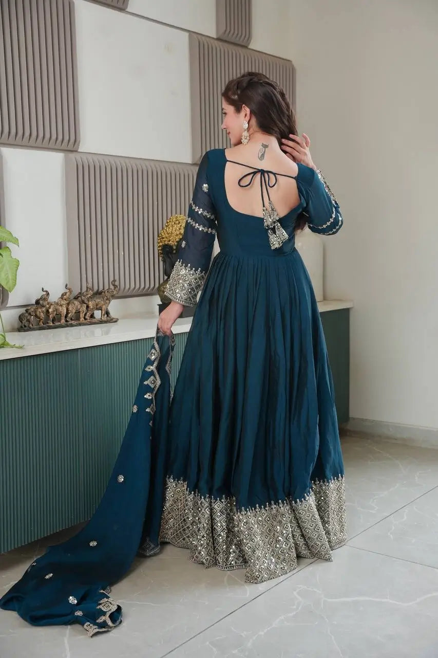 Elegant Pink Heavy Shimmer Silk Gown with Dupatta – Embroidery Sequins Work, 3.5 Meter Flair, Fully Stitched