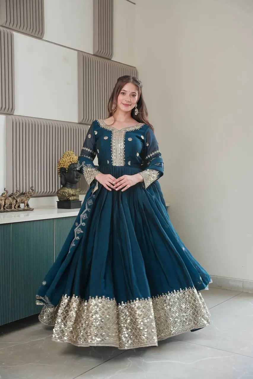 Elegant Pink Heavy Shimmer Silk Gown with Dupatta – Embroidery Sequins Work, 3.5 Meter Flair, Fully Stitched