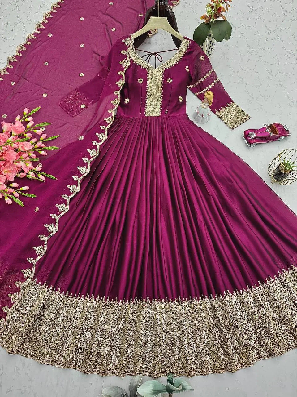 Elegant Pink Heavy Shimmer Silk Gown with Dupatta – Embroidery Sequins Work, 3.5 Meter Flair, Fully Stitched