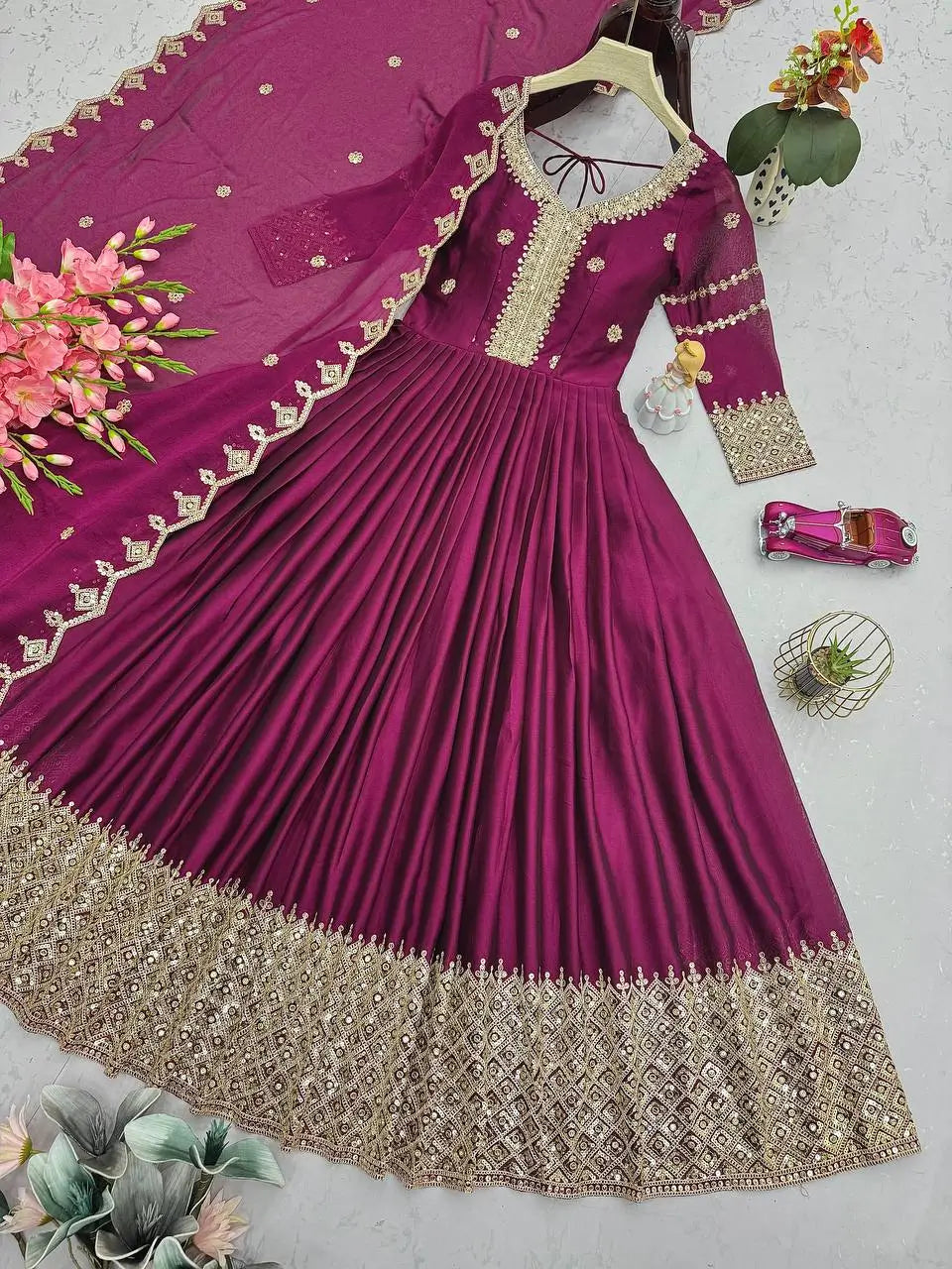 Elegant Pink Heavy Shimmer Silk Gown with Dupatta – Embroidery Sequins Work, 3.5 Meter Flair, Fully Stitched