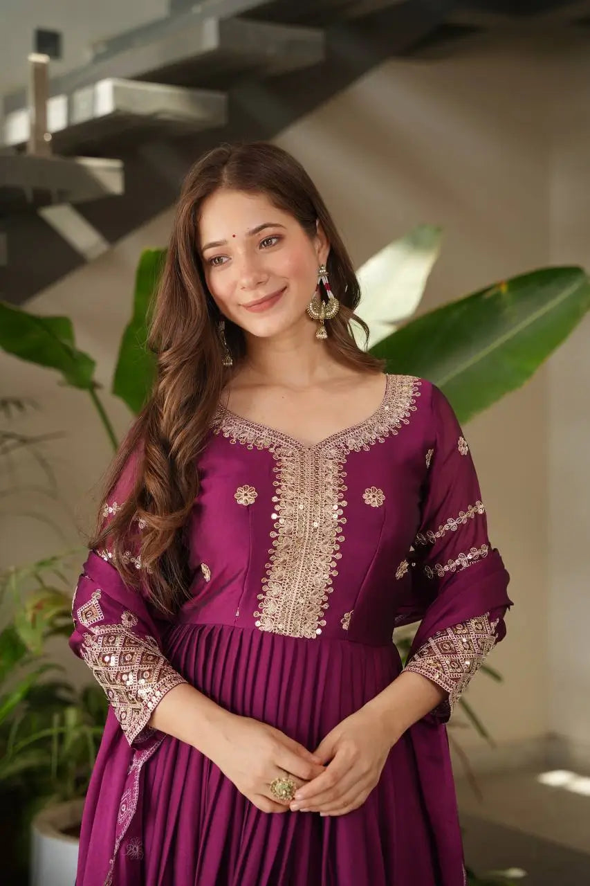 Elegant Pink Heavy Shimmer Silk Gown with Dupatta – Embroidery Sequins Work, 3.5 Meter Flair, Fully Stitched