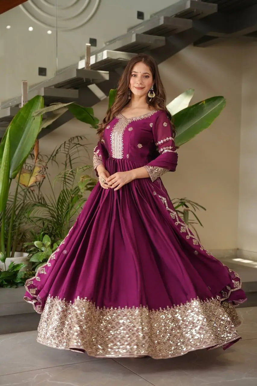 Elegant Pink Heavy Shimmer Silk Gown with Dupatta – Embroidery Sequins Work, 3.5 Meter Flair, Fully Stitched