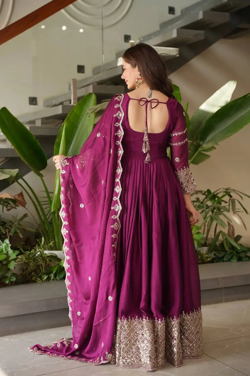 Elegant Pink Heavy Shimmer Silk Gown with Dupatta – Embroidery Sequins Work, 3.5 Meter Flair, Fully Stitched