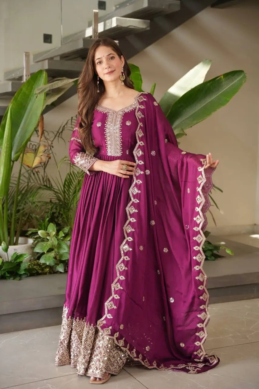 Elegant Pink Heavy Shimmer Silk Gown with Dupatta – Embroidery Sequins Work, 3.5 Meter Flair, Fully Stitched