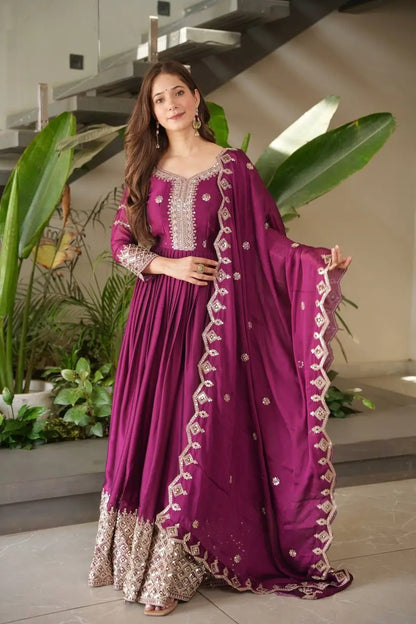 Elegant Pink Heavy Shimmer Silk Gown with Dupatta – Embroidery Sequins Work, 3.5 Meter Flair, Fully Stitched