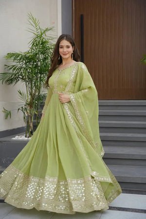 Elegant Pink Heavy Shimmer Silk Gown with Dupatta – Embroidery Sequins Work, 3.5 Meter Flair, Fully Stitched