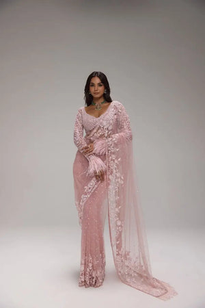 Elegant Premium Pink Net Embroidered Saree for Wedding, Festive and Reception Wear