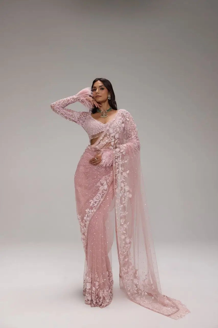 Elegant Premium Pink Net Embroidered Saree for Wedding, Festive and Reception Wear