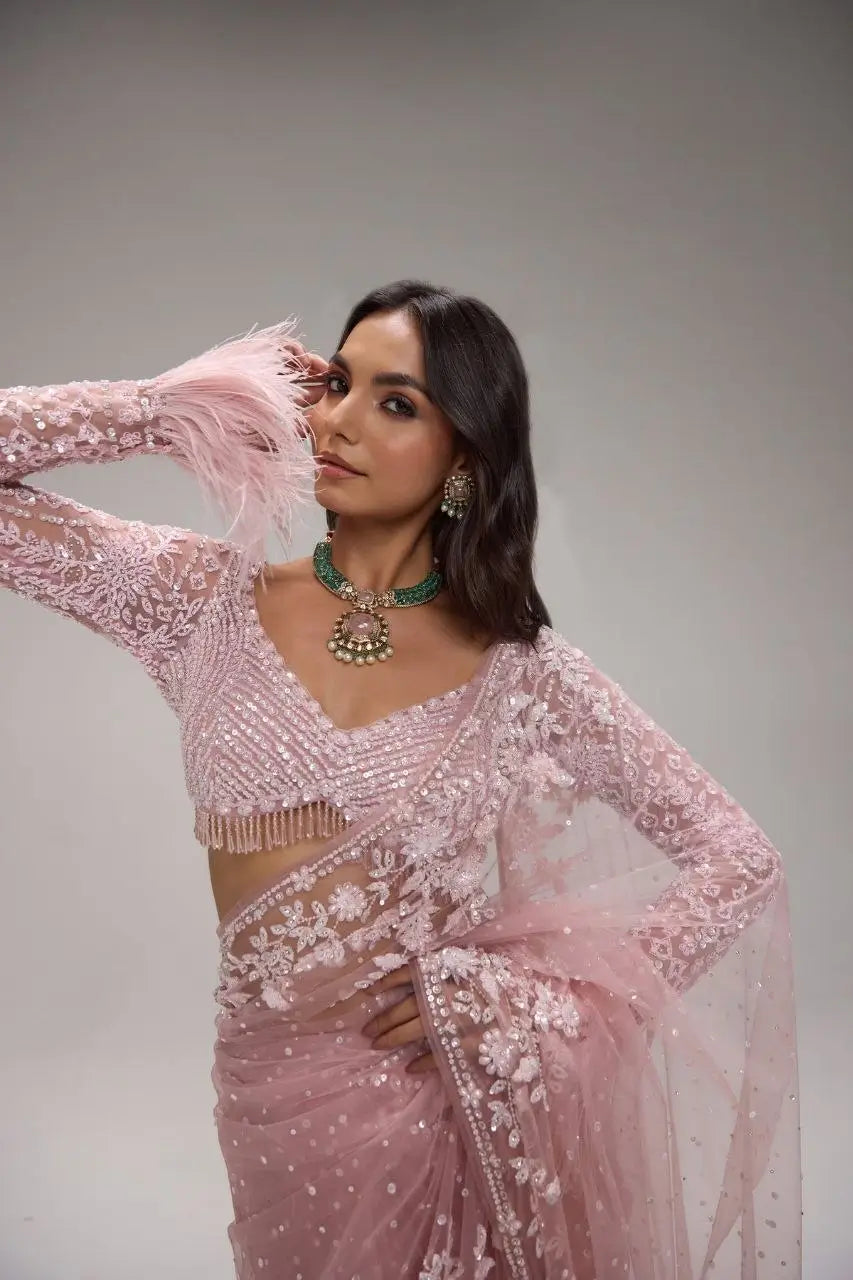 Elegant Premium Pink Net Embroidered Saree for Wedding, Festive and Reception Wear