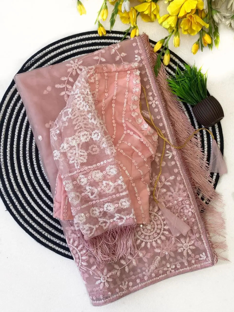 Elegant Premium Pink Net Embroidered Saree for Wedding, Festive and Reception Wear