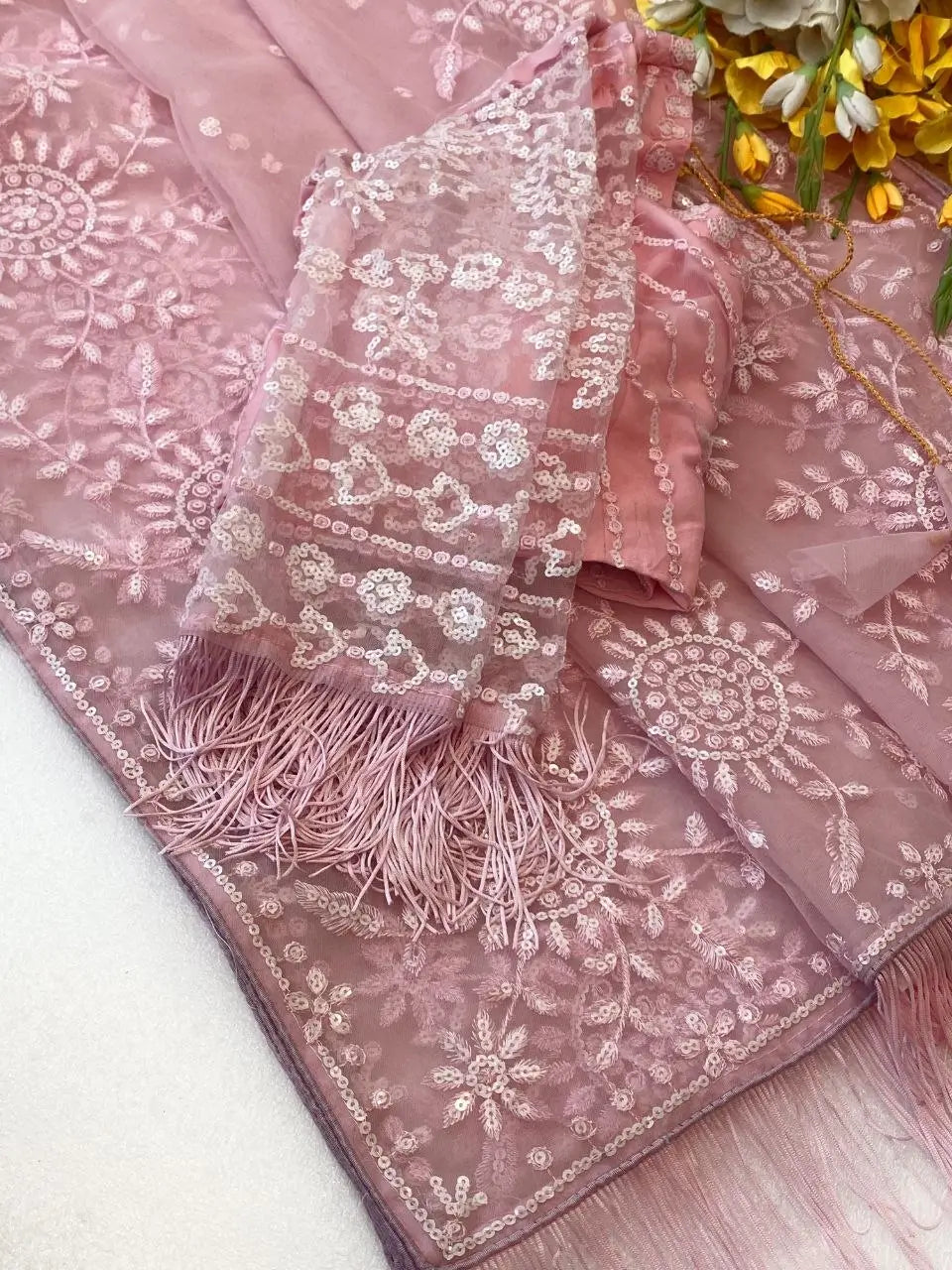 Elegant Premium Pink Net Embroidered Saree for Wedding, Festive and Reception Wear