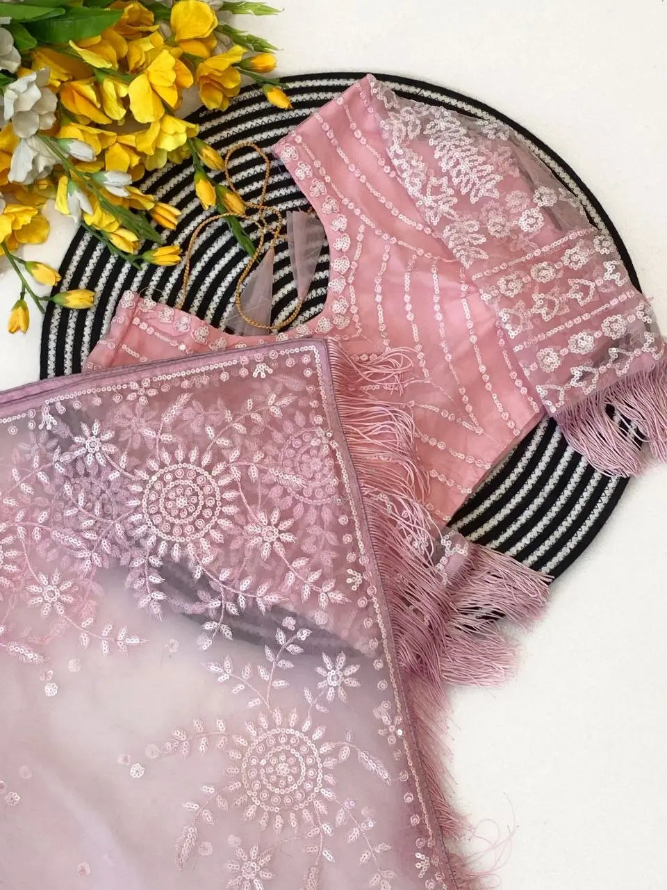 Elegant Premium Pink Net Embroidered Saree for Wedding, Festive and Reception Wear