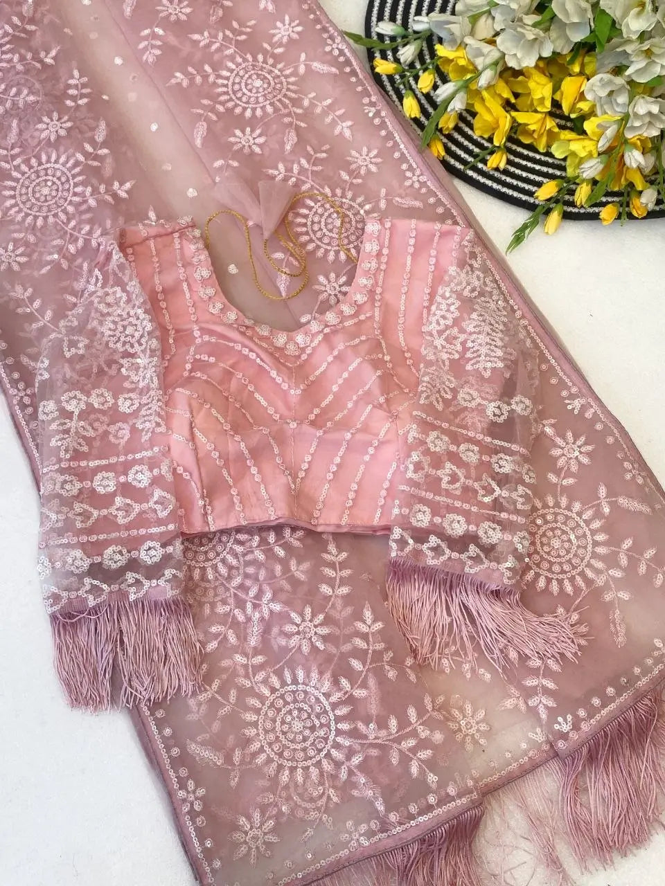 Elegant Premium Pink Net Embroidered Saree for Wedding, Festive and Reception Wear