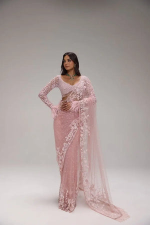Elegant Premium Pink Net Embroidered Saree for Wedding, Festive and Reception Wear
