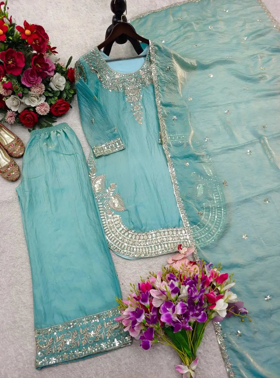 Elegant Pure Silk Palazzo Suit Set for Festive and Occasion Wear